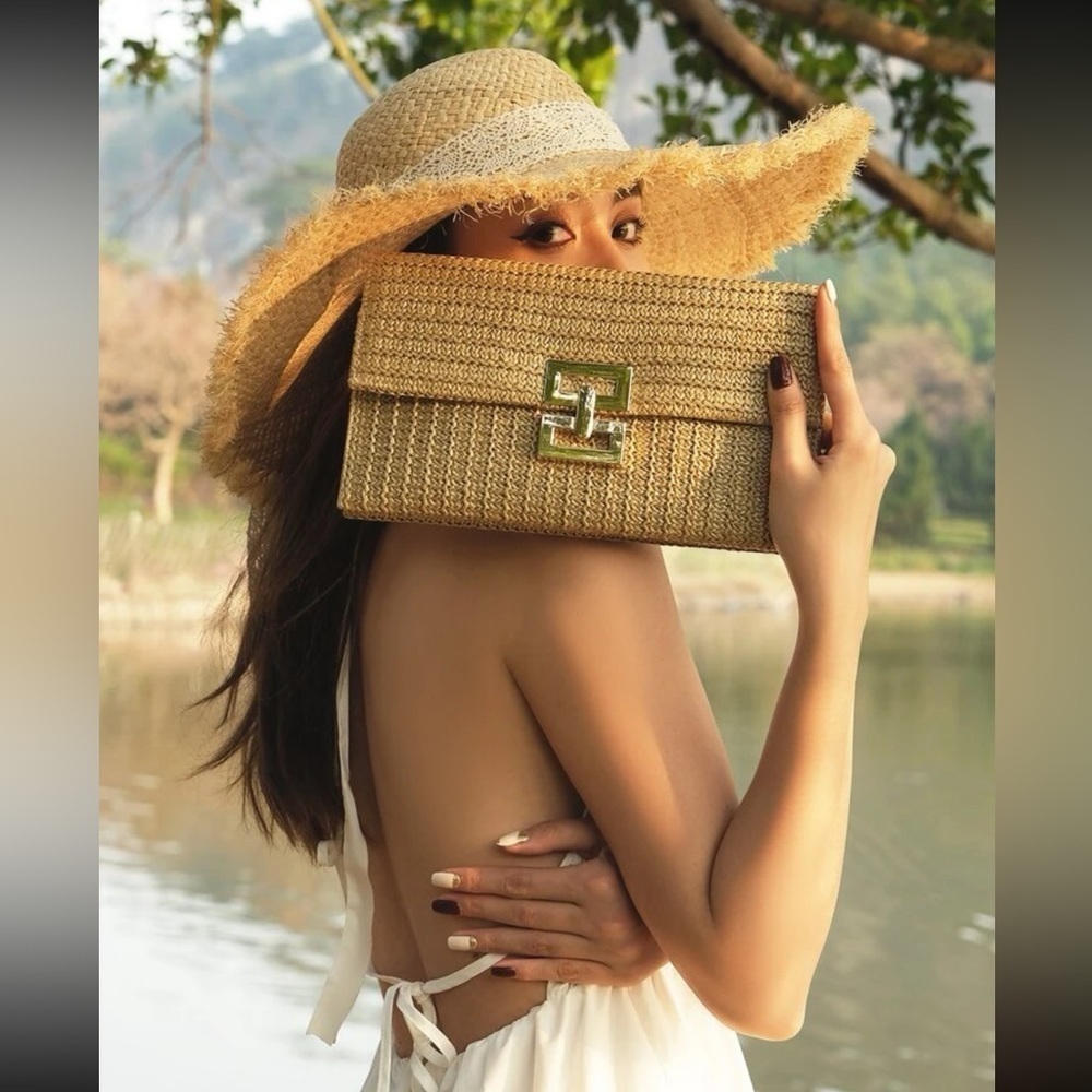 Metal-Lock Flap Woven Clutch